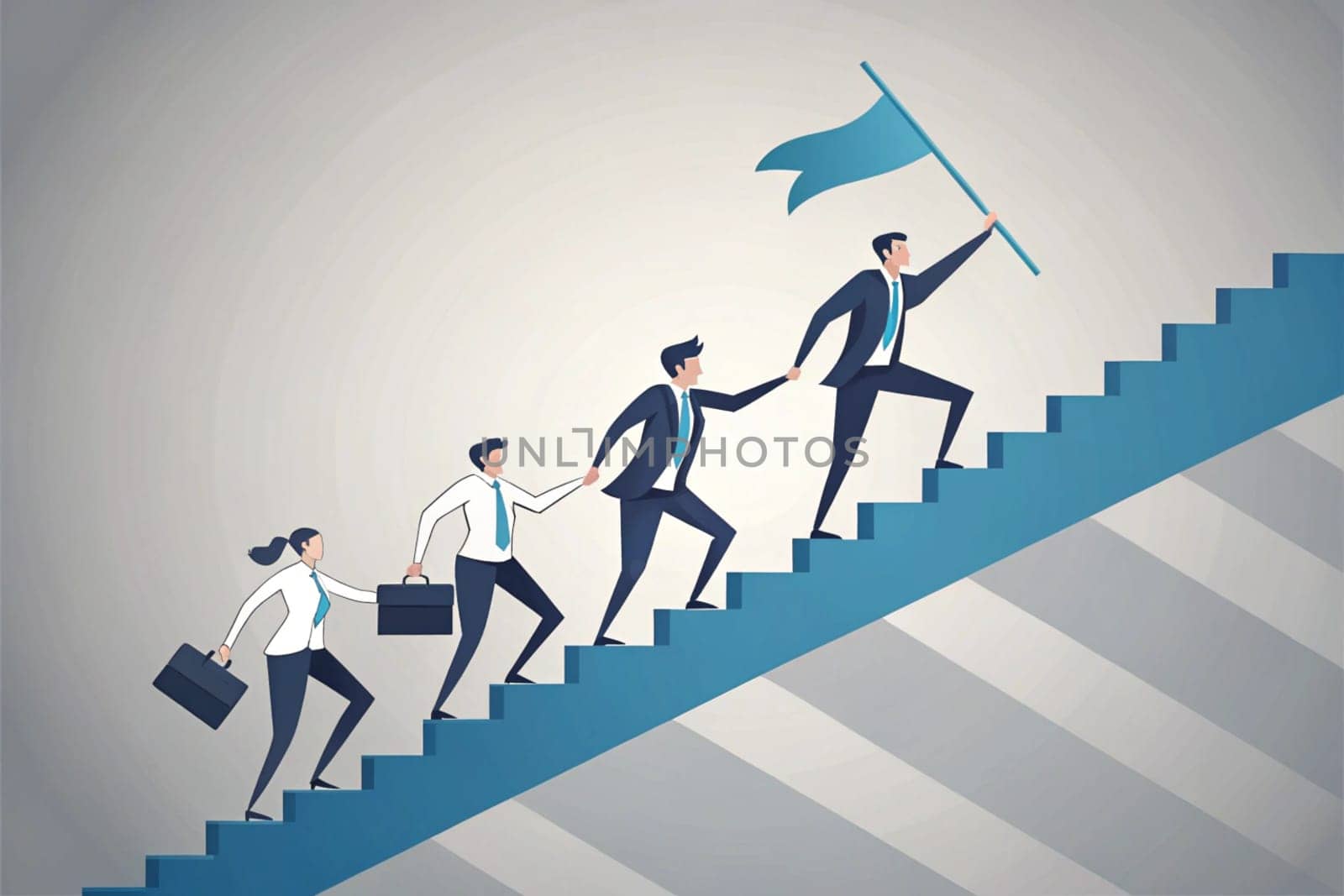 Teamwork and Leadership Achieving Success Concept. In the graphic, a group of professionals are moving up a staircase consisting of consecutive blue bars. The leader at the front carries a flag symbolizing success, while other members hold hands to support. This visual emphasizes the importance of teamwork, leadership, and achieving success together. The gray background offers simplicity with a minimal design approach.