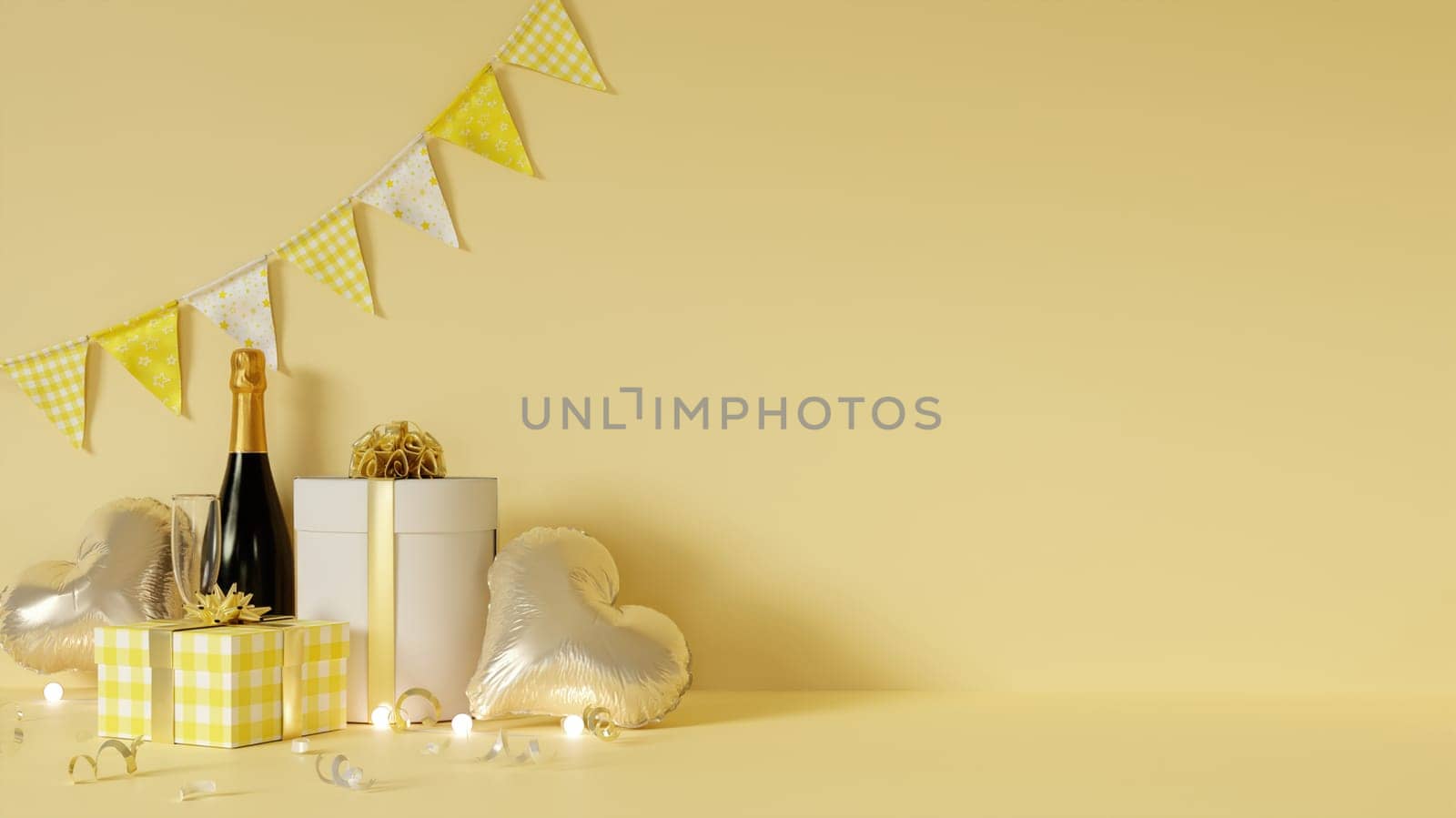 Elegant yellow-themed celebration featuring champagne bottles and heart-shaped balloons with charming decor elements.