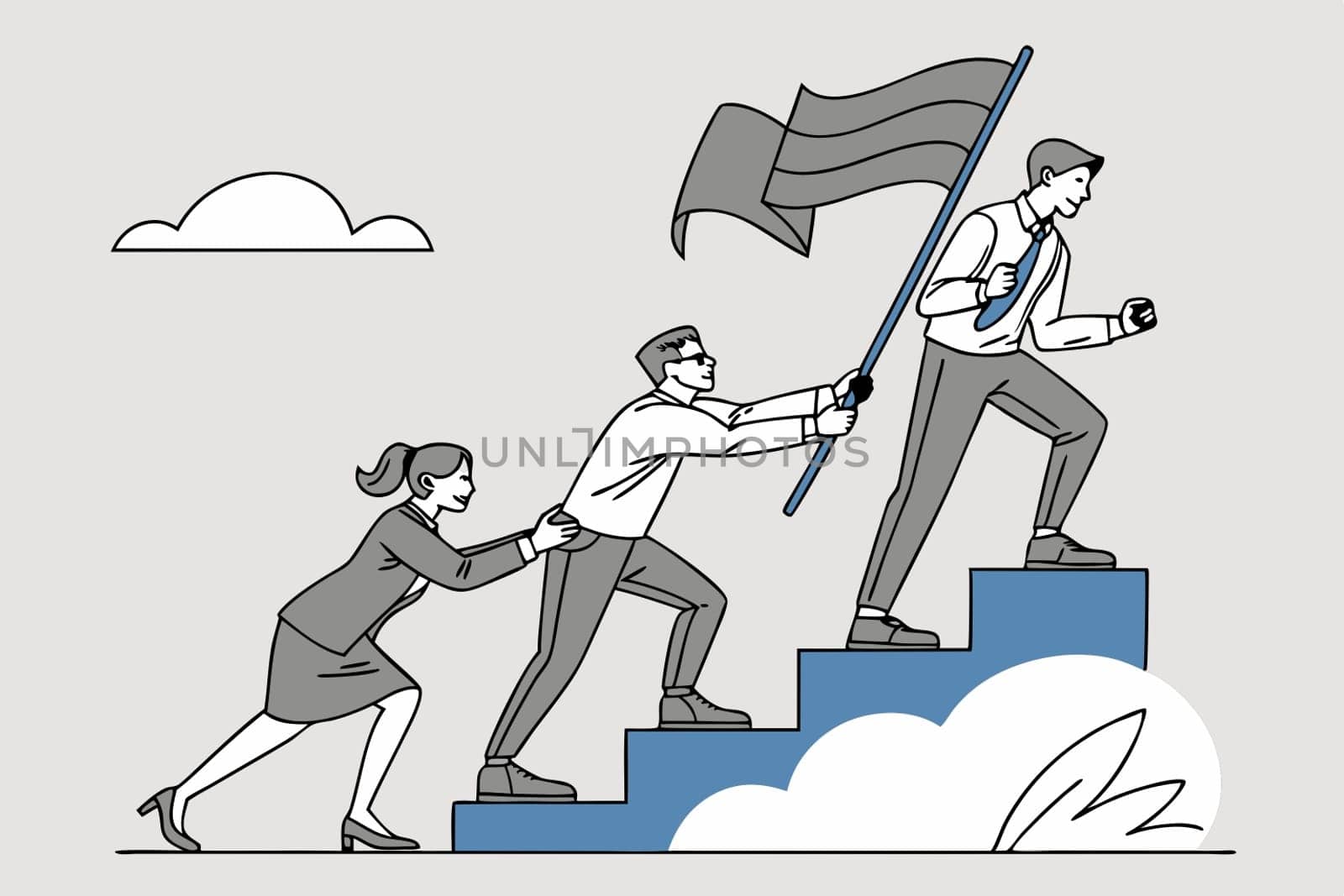 Teamwork and Leadership Achieving Success Concept. In the graphic, a group of professionals are moving up a staircase consisting of consecutive blue bars. The leader at the front carries a flag symbolizing success, while other members hold hands to support. This visual emphasizes the importance of teamwork, leadership, and achieving success together. The gray background offers simplicity with a minimal design approach.
