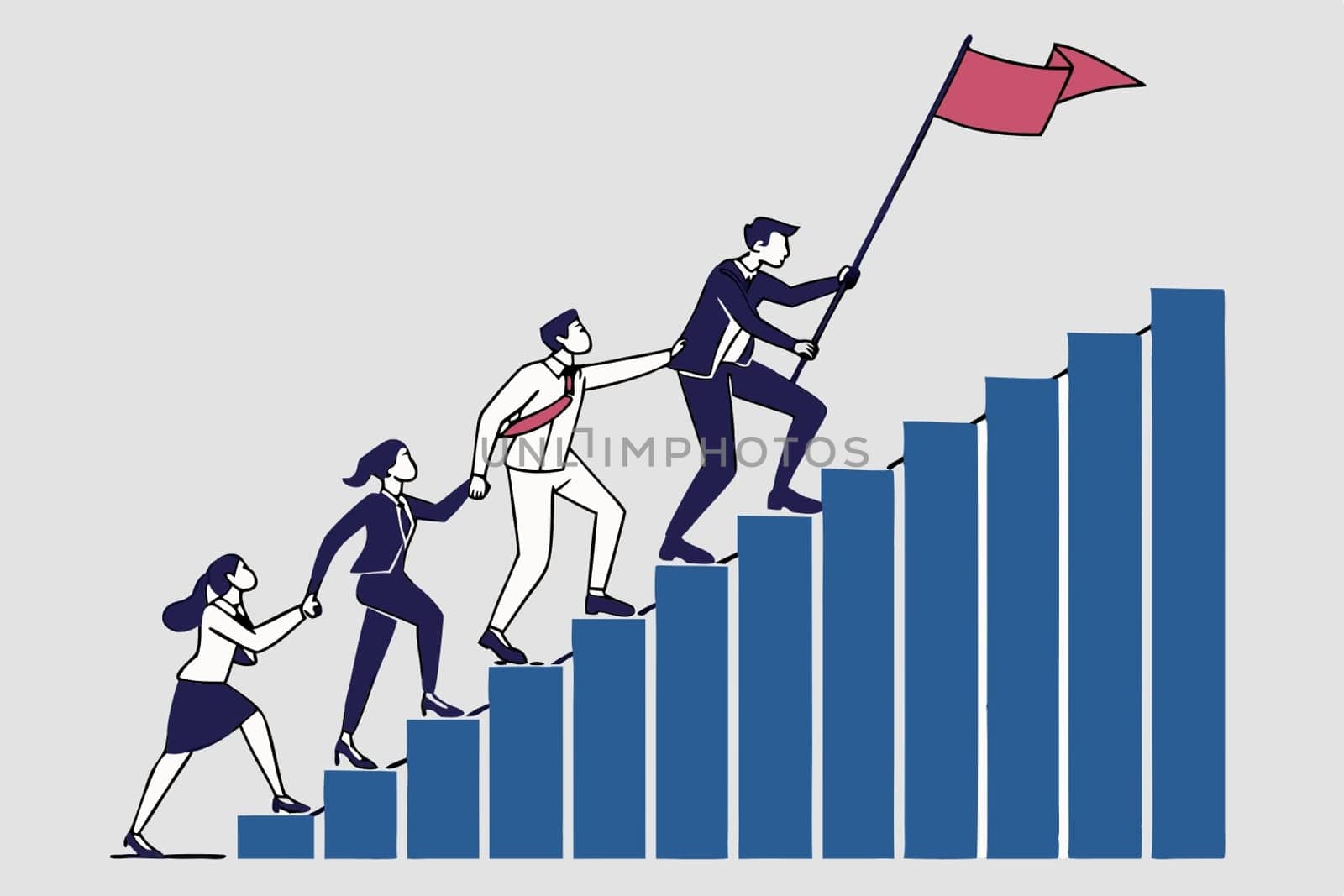 Teamwork and Leadership Achieving Success Concept. In the graphic, a group of professionals are moving up a staircase consisting of consecutive blue bars. The leader at the front carries a flag symbolizing success, while other members hold hands to support. This visual emphasizes the importance of teamwork, leadership, and achieving success together. The gray background offers simplicity with a minimal design approach.