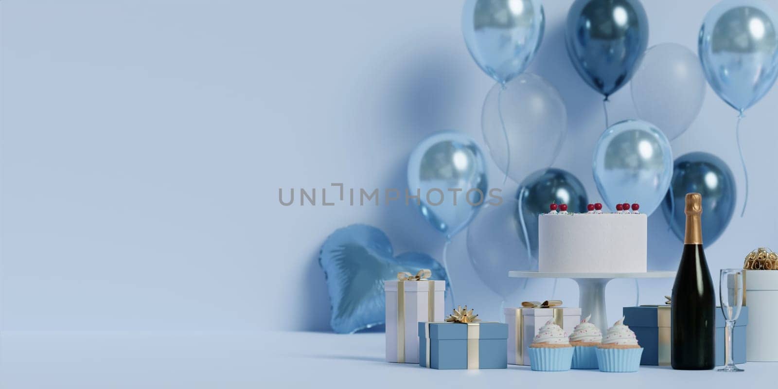 Festive blue-themed party setup with cake, balloons, champagne, and gift boxes providing a serene atmosphere.