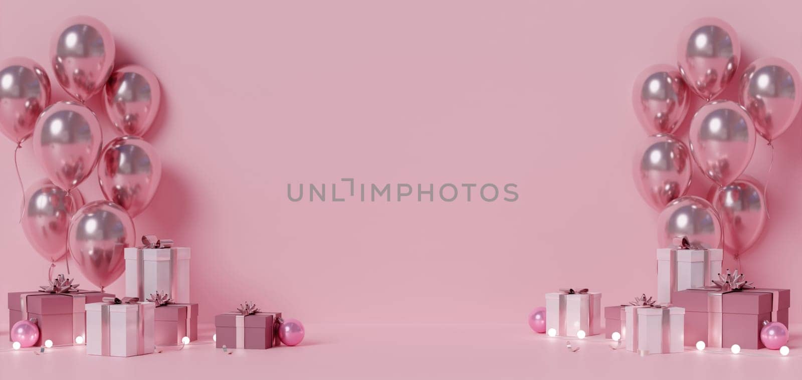 Luxurious pink celebration scene with glossy balloons and variously sized gift boxes on a pink background.