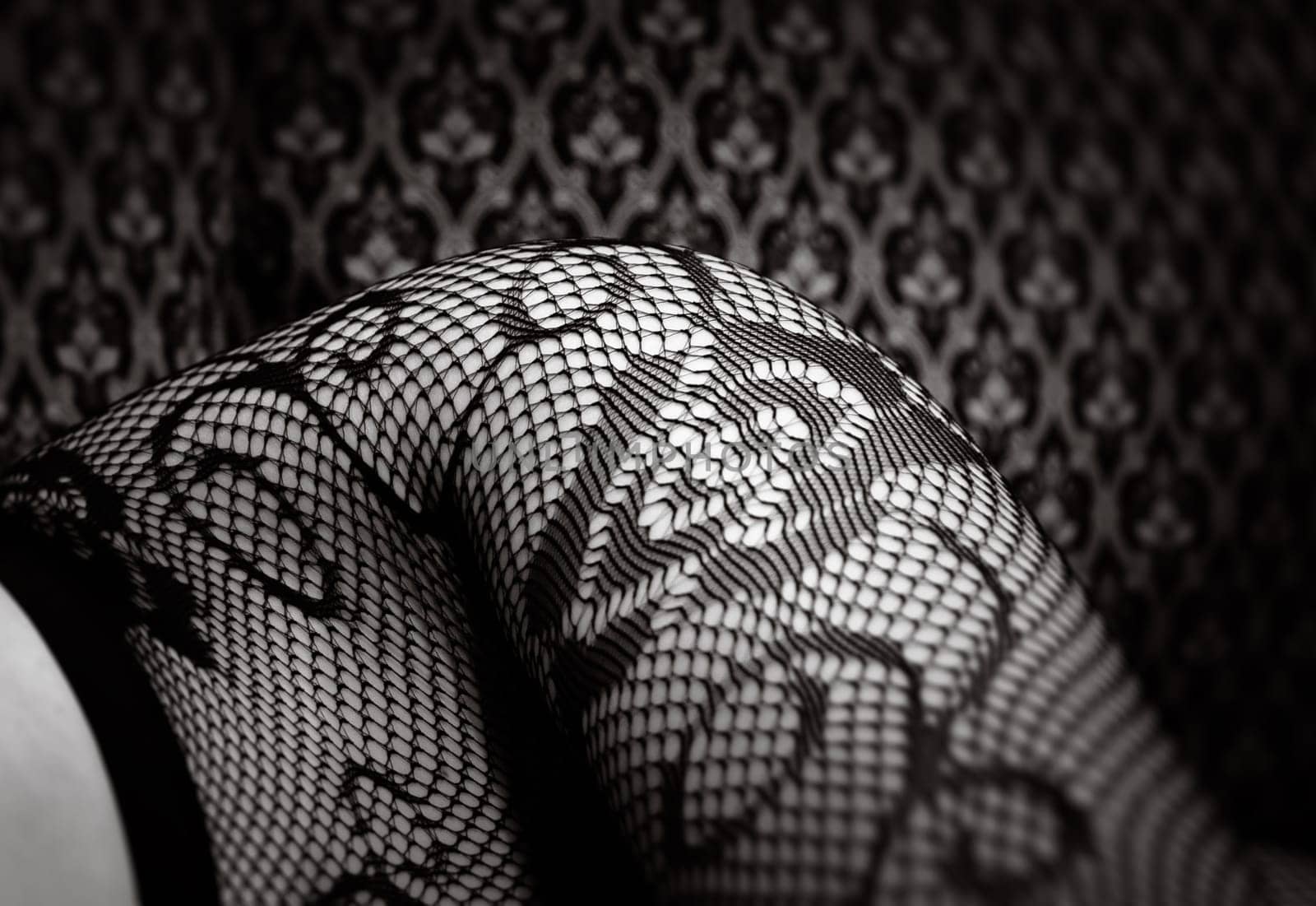 A close-up view of a leg adorned with intricate black fishnet stockings, contrasting beautifully with the dark, patterned wallpaper.