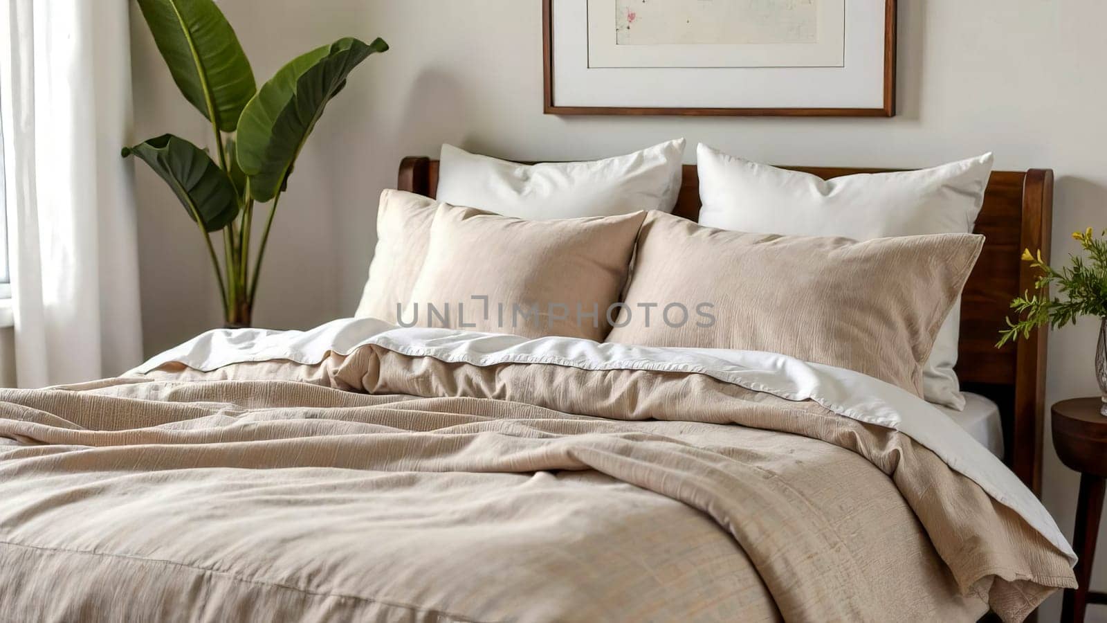 Striped linen duvet cover with mocha mousse stripes in a cottage-style bedroom. Cottagecore, color of the year 2025.