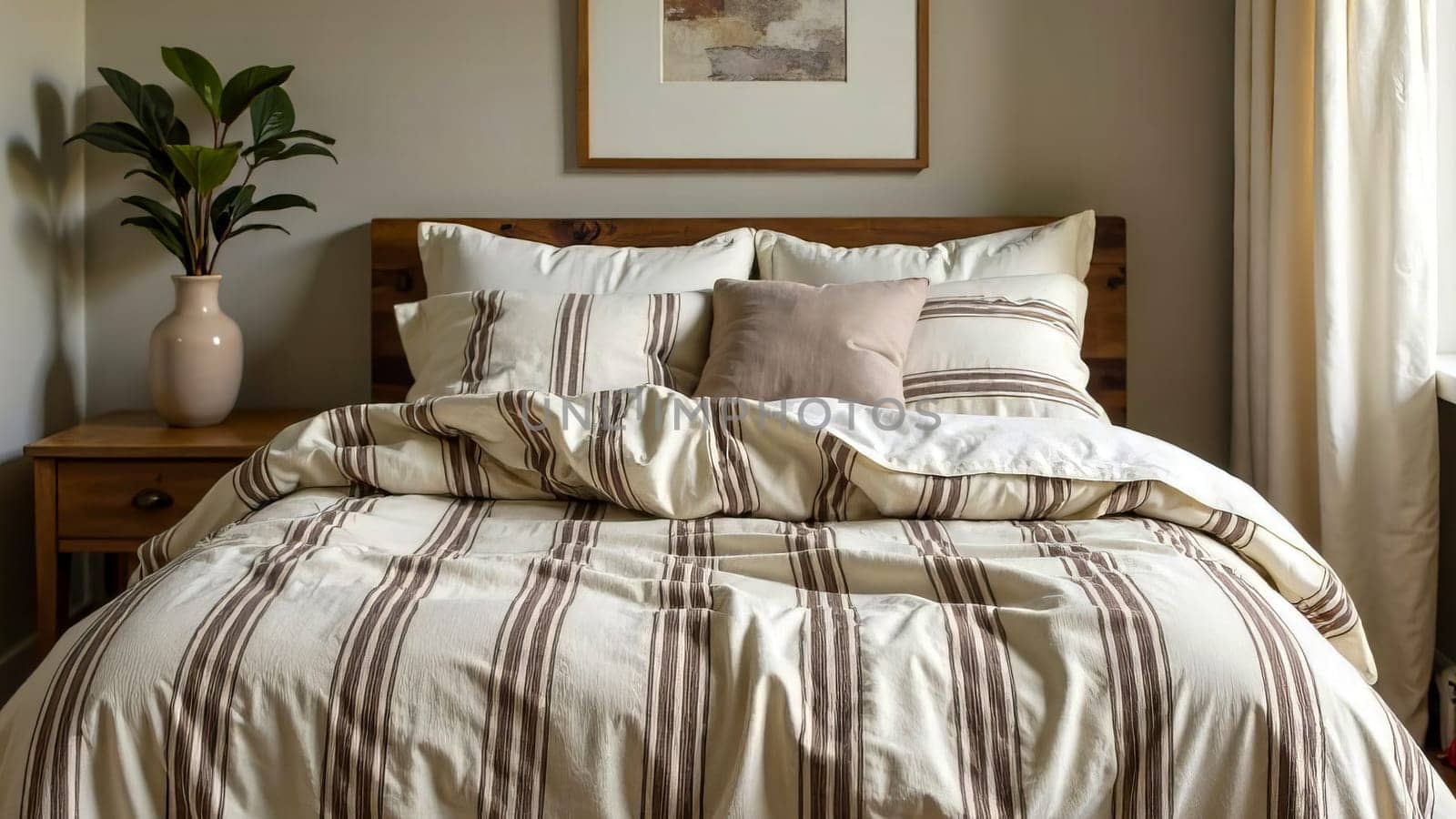Striped linen duvet cover with mocha mousse stripes in a cottage-style bedroom. Cottagecore, color of the year 2025.