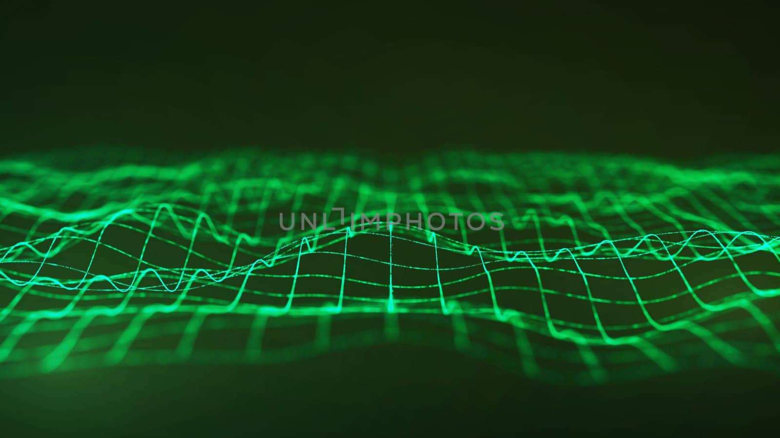A digital abstract visualization featuring glowing green grids representing technology and environmental innovation. Set against a gradient green background, it showcases sustainability and futuristic concepts.