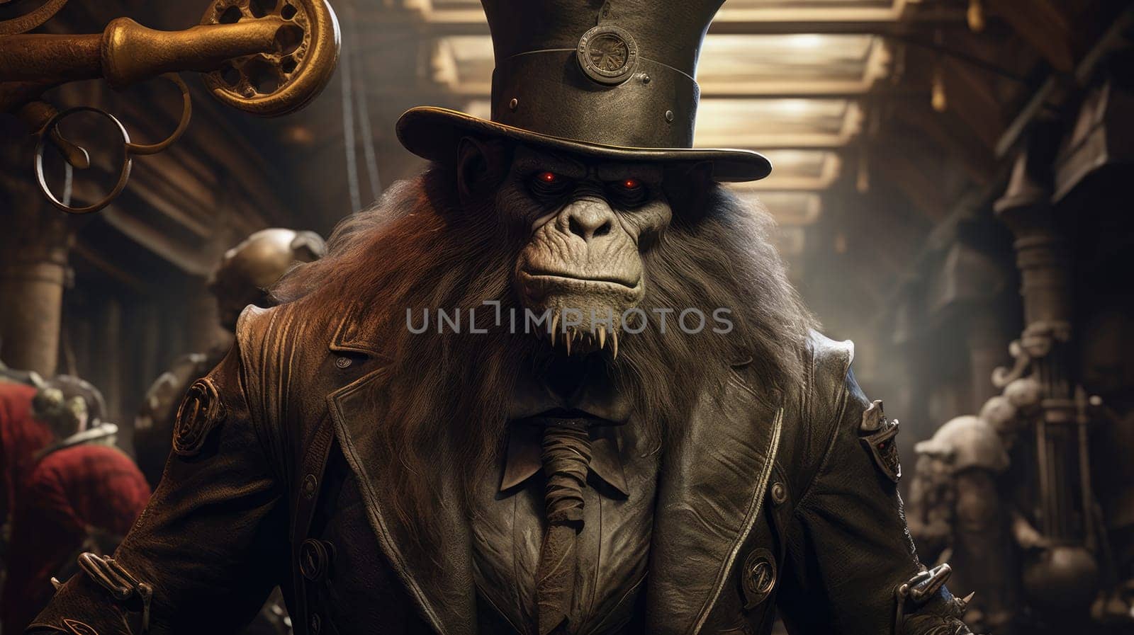 This striking character stands in a dimly lit, intricately detailed workshop, showcasing a unique blend of mechanized design and rugged nature.