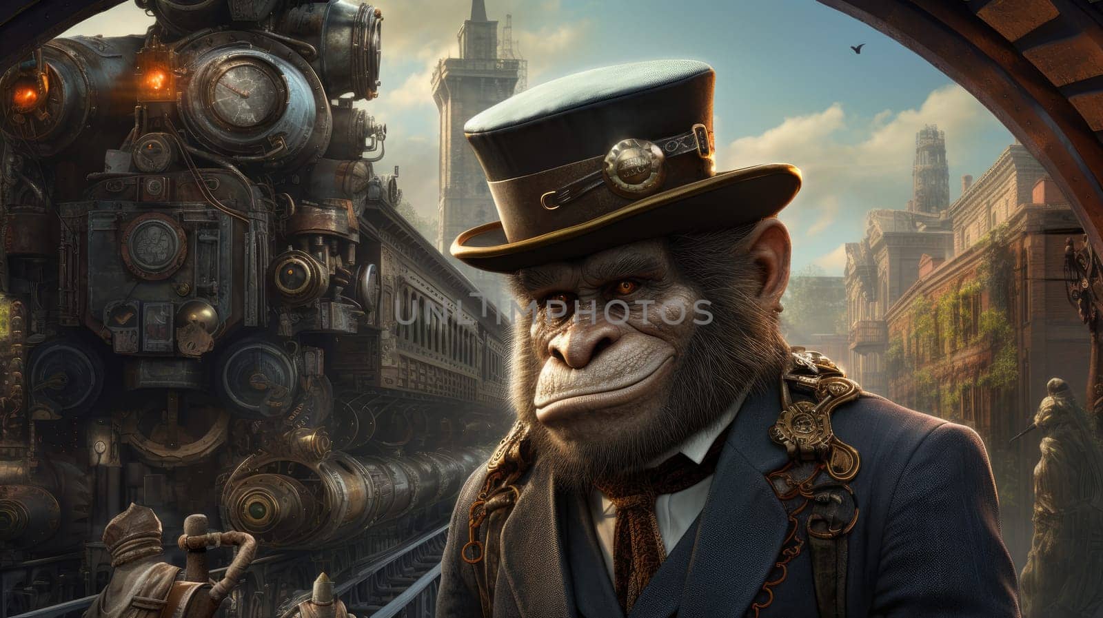 A striking steampunk gorilla dons a tailored suit and top hat, exuding sophistication as it stands amid the energy of a busy railway station.