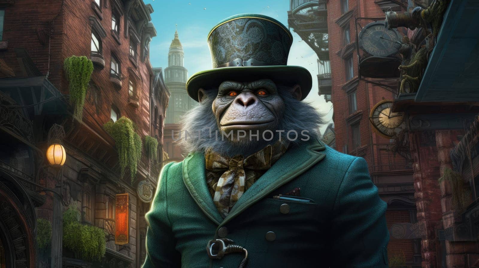 In a bustling steampunk city, a well-dressed gorilla stands confidently. Clad in a stylish green suit and top hat, he gazes thoughtfully at the intricate architectural wonders surrounding him.