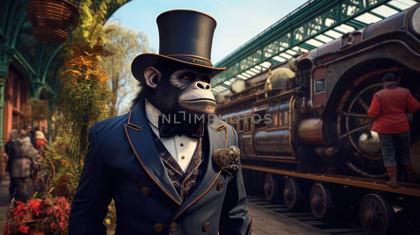 A grand steampunk gorilla stands elegantly dressed in a top hat and tuxedo, patiently waiting at a vibrant train platform where a vintage steam locomotive looms.