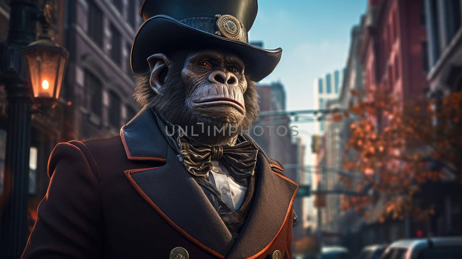 A striking steampunk gorilla clad in a tailored suit and top hat stands confidently in a bustling Victorian city.