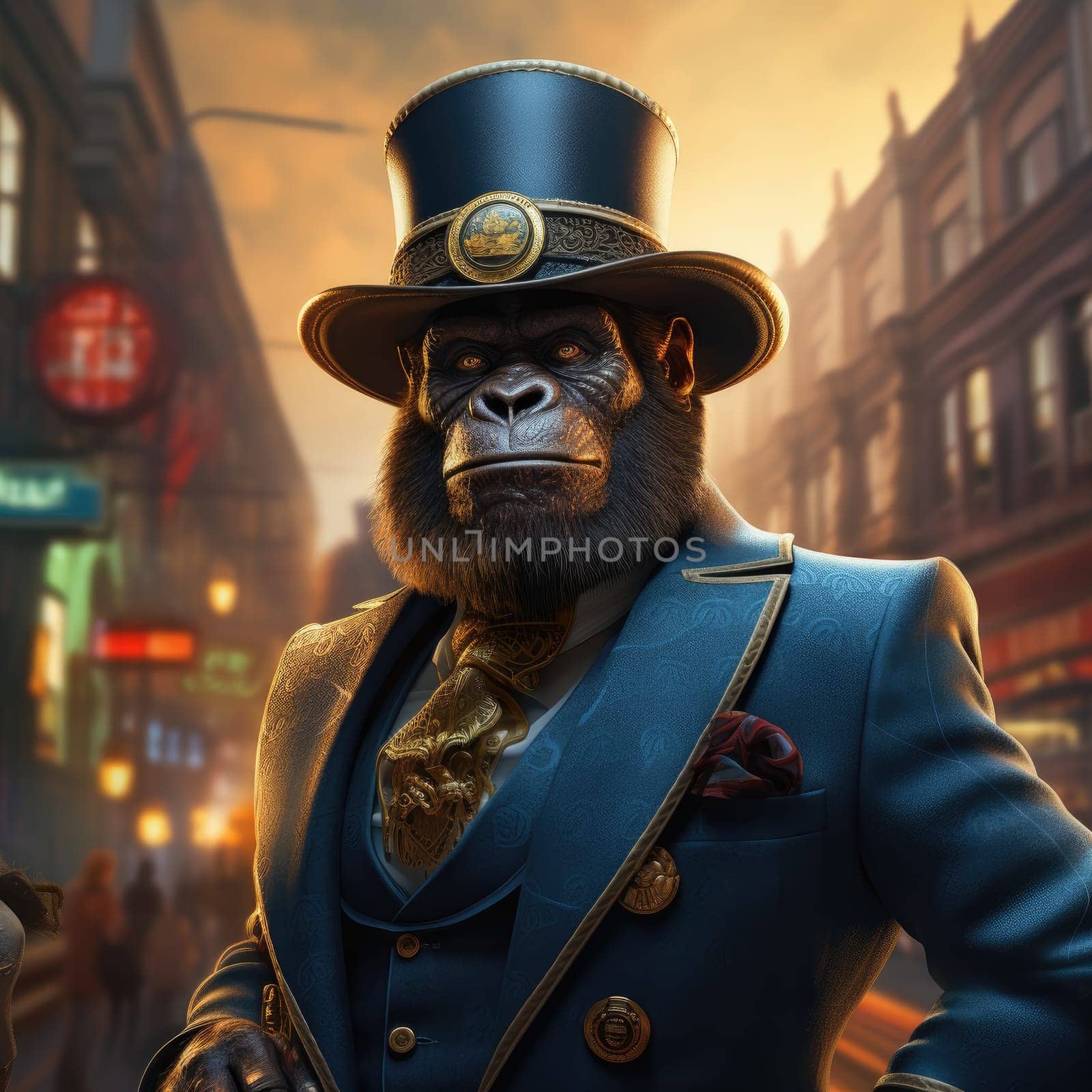 An impressive steampunk gorilla stands confidently in a finely tailored suit and top hat.