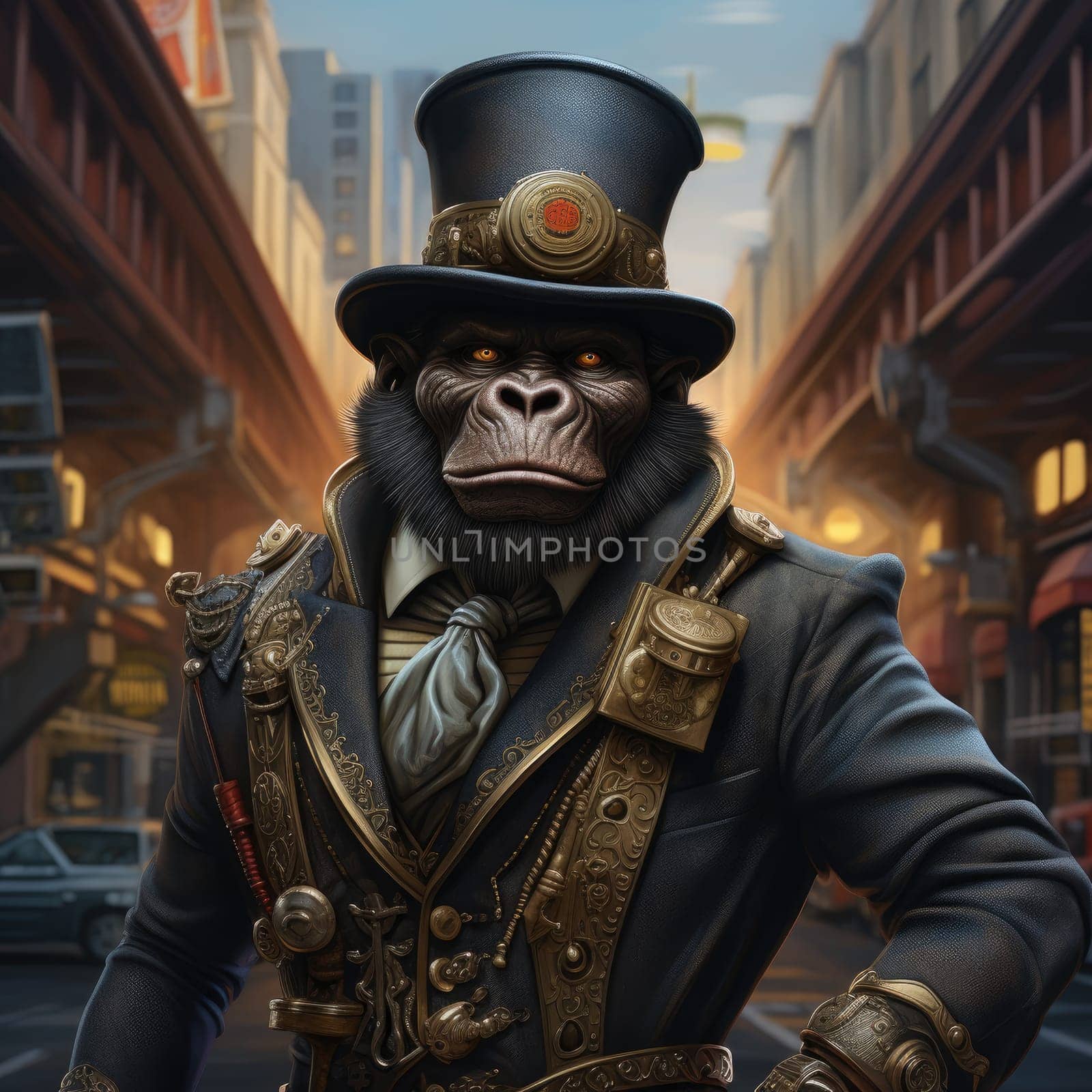 A striking steampunk gorilla dressed in an ornate suit stands confidently in a vibrant urban setting. The warm dusk light highlights the intricate mechanical details of his attire.