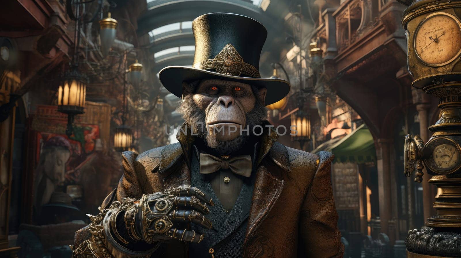 In a bustling steampunk marketplace, a majestic gorilla dons Victorian attire, complete with a top hat and mechanical accessories.