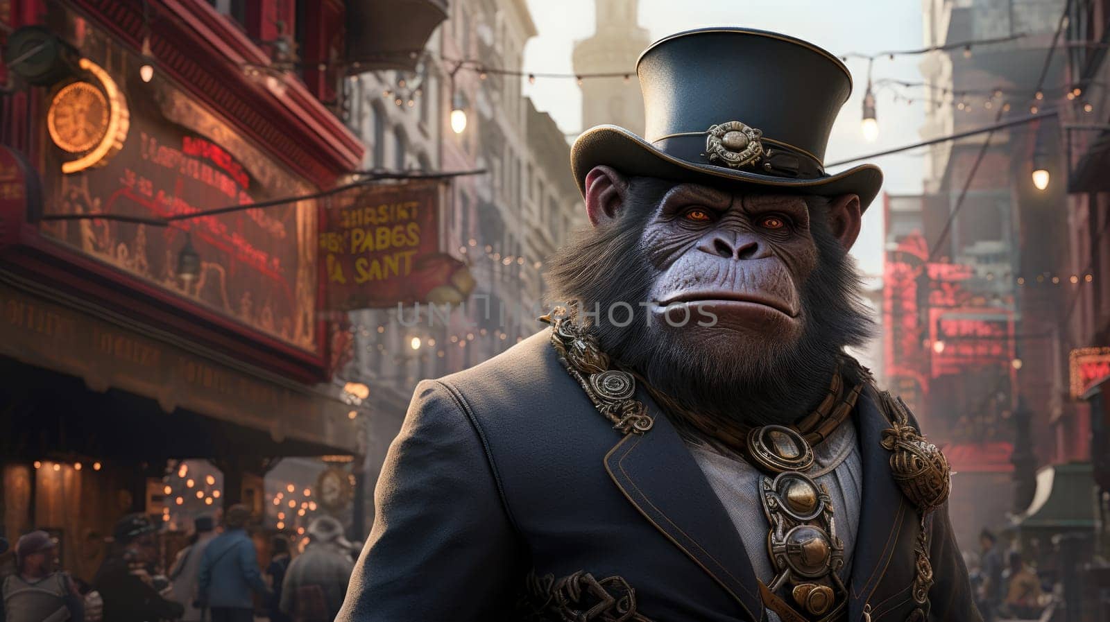 A striking gorilla clad in steampunk attire stands confidently amidst a vibrant Victorian city.