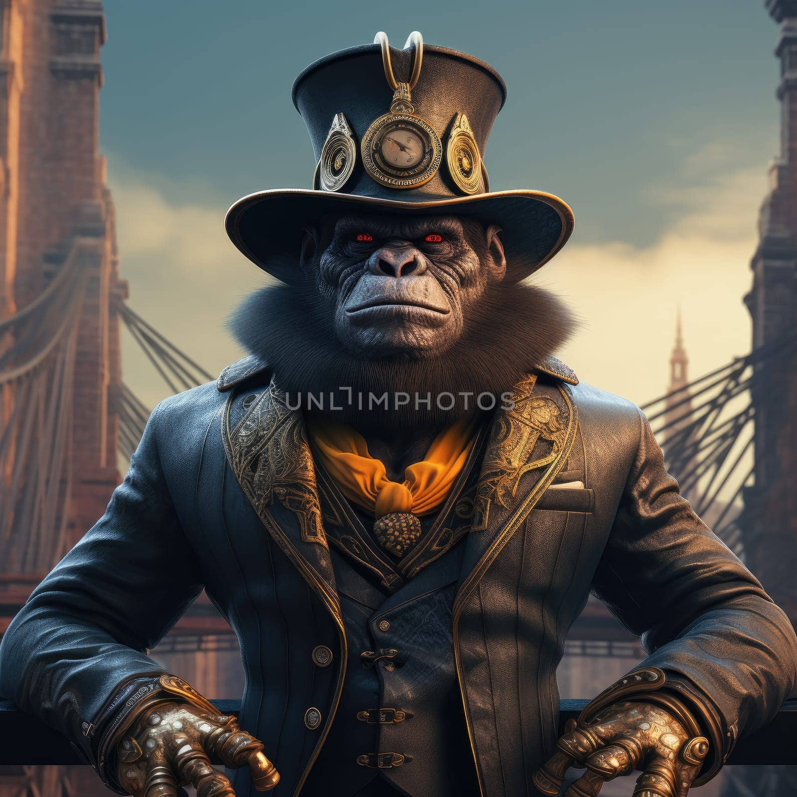 A magnificent steampunk gorilla stands proudly in elaborate clothing, gazing over a bustling retro-futuristic city as the sun sets. Brass gears and Victorian aesthetics blend harmoniously.