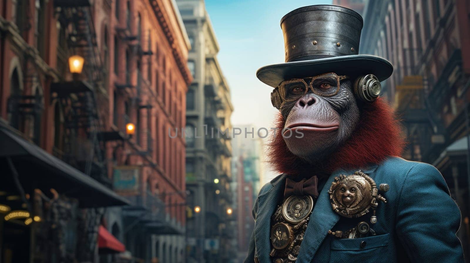 In a captivating alternate reality, a steampunk gorilla adorned with a top hat and decorative glasses walks through a lively urban setting filled with vintage architecture and bustling energy.