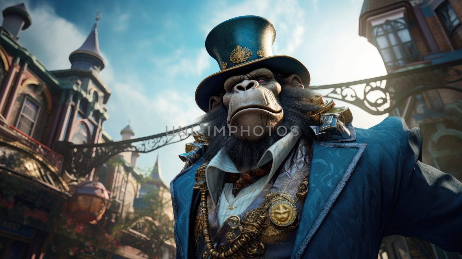 In a lively, retro-futuristic city, a steampunk gorilla dressed in an ornate coat stands confidently against a backdrop of majestic buildings. The warm sunlight enhances the scene’s vibrant charm.