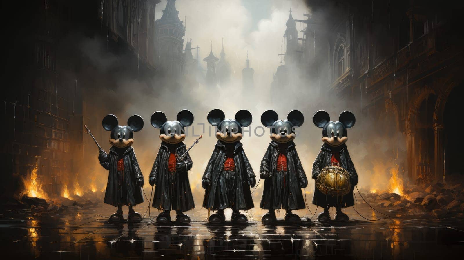 Five Mickey Mouse figures stand in a foggy, shadowy setting. They are dressed in dark cloaks, creating an eerie atmosphere. The background features faint silhouettes of buildings and smoky tendrils.