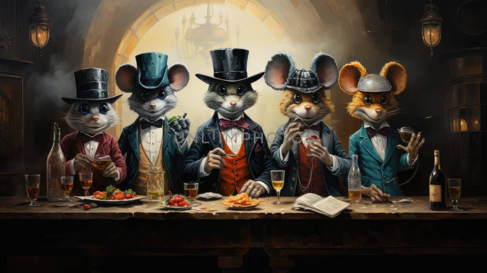 Five elegantly dressed mice gather at a wooden table in a vintage tavern. They enjoy food and drinks, showcasing a lively atmosphere filled with camaraderie and celebration.
