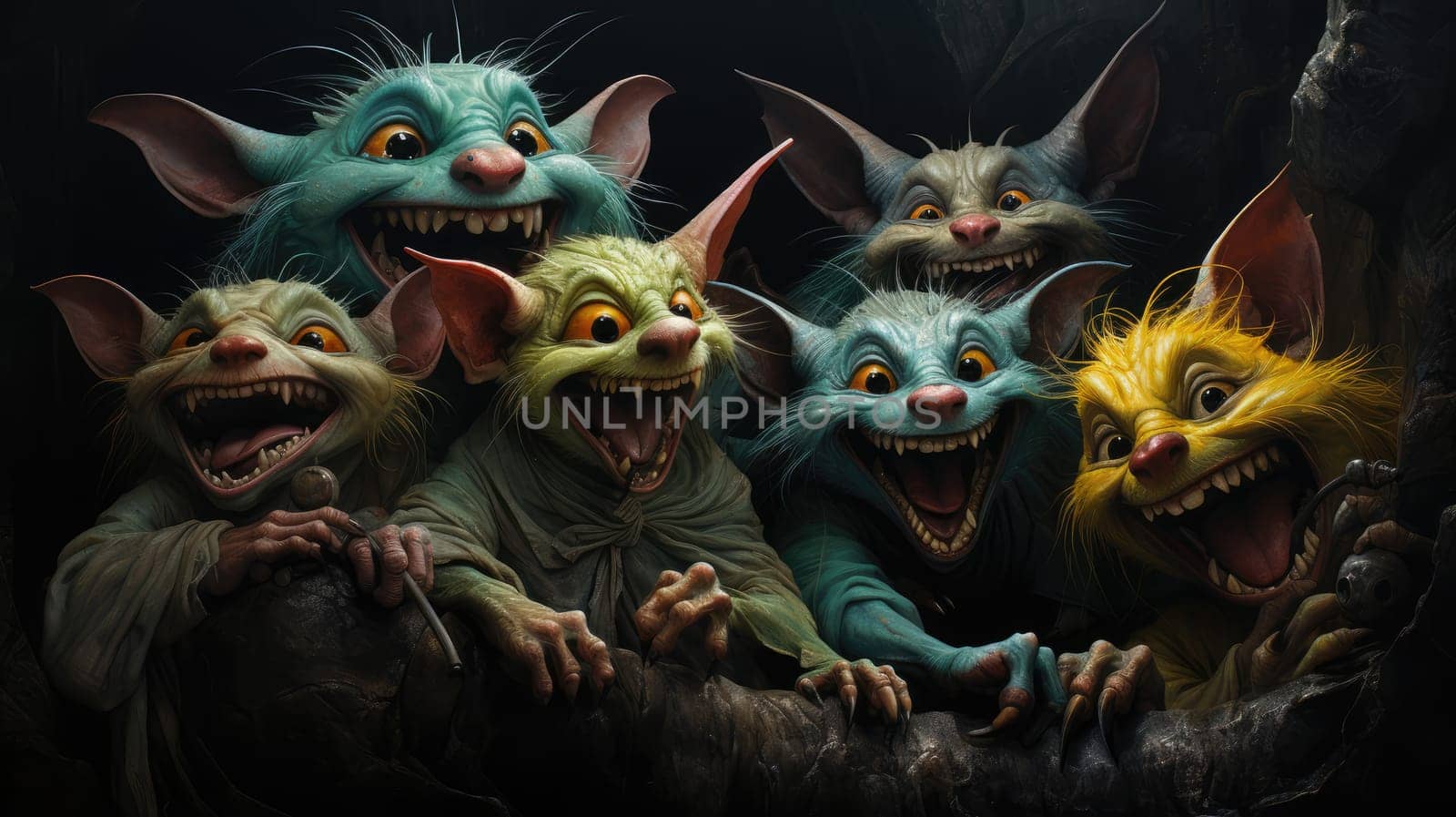 Six colorful, animated creatures display mischievous grins in a shadowy cave. Their vibrant fur and oversized ears create a whimsical atmosphere filled with enchantment and curiosity.