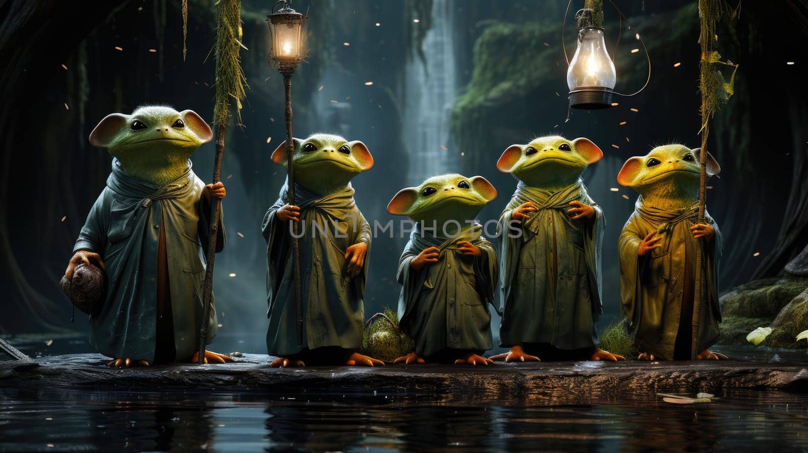 Five small green creatures dressed in cloaks stand near a tranquil pond surrounded by lush greenery. Lantern light illuminates their faces as they appear to be engaged in a quiet gathering.