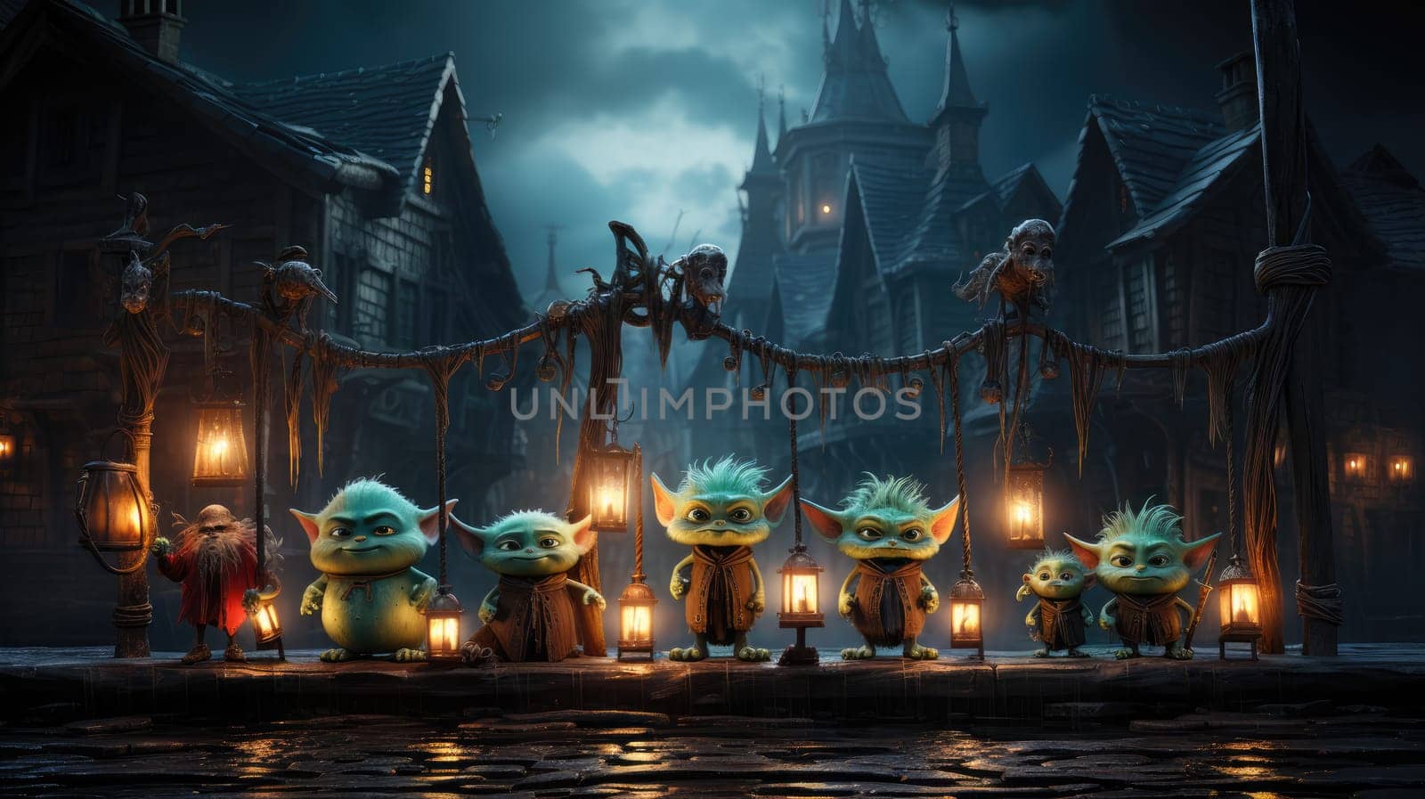 A group of whimsical creatures gathers in a dark, enchanted village illuminated by glowing lanterns. The surreal setting is enhanced by the dramatic twilight sky and distant castle silhouette.