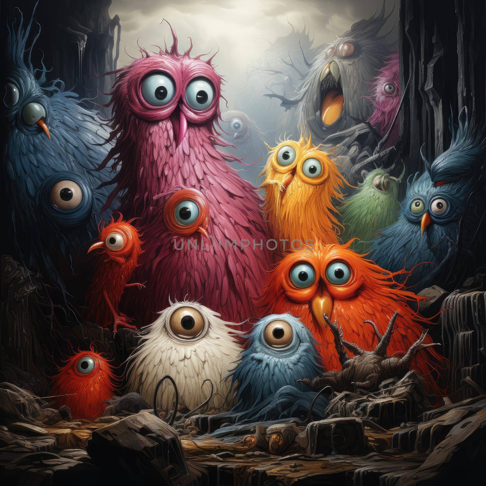 A group of whimsical, furry creatures with large eyes stands together in a dark, enchanted forest. The scene captures vibrant colors contrasting with the muted, shadowy background during twilight.