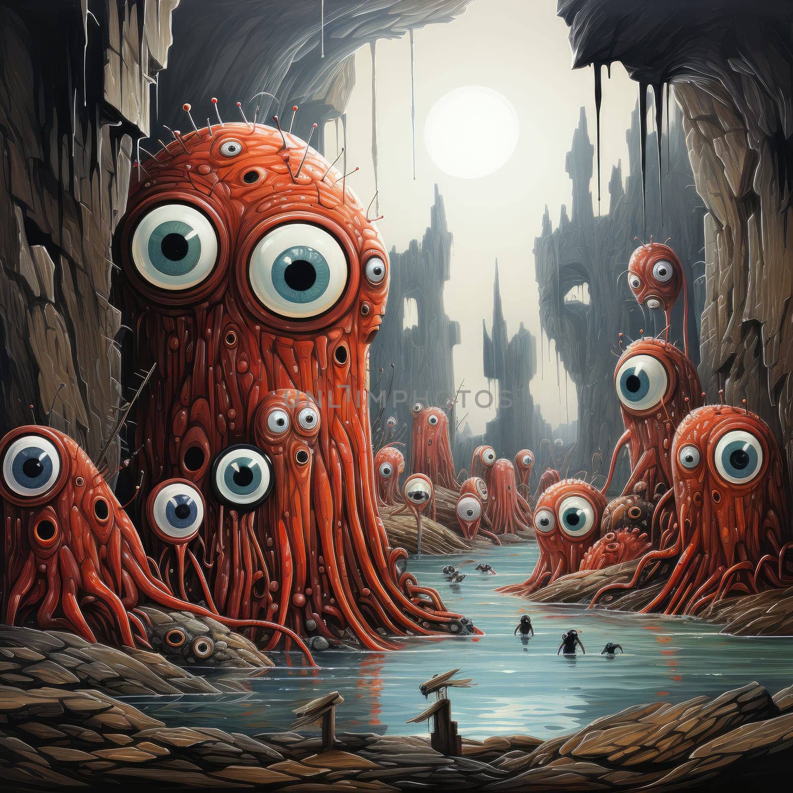 Strange, eye-catching creatures with multiple eyes populate a dark cave landscape. A winding river flows through the scene, illuminated by bright sunlight above, creating an eerie atmosphere.