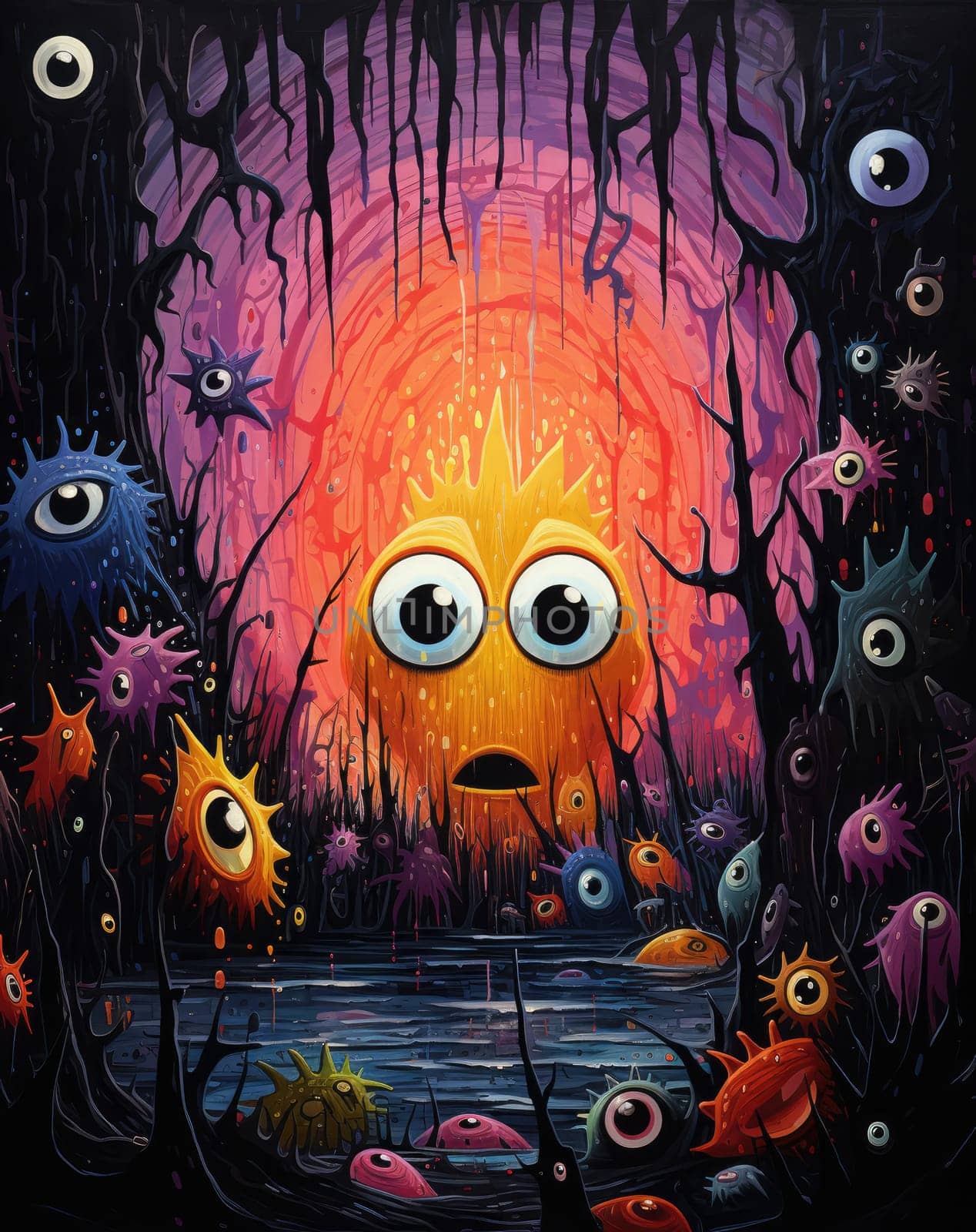 Unusual vibrant creatures with large eyes gather by a dark lake surrounded by eerie trees. The sunset casts an orange glow, creating a surreal and captivating atmosphere.