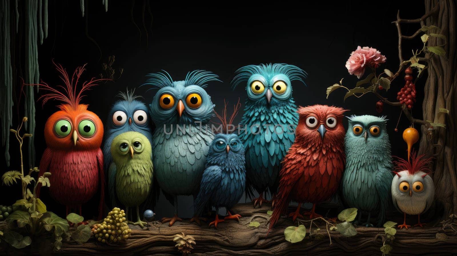 A group of vibrant and stylized owls stands close together on a branch, surrounded by flora under soft lighting. The scene captures a magical atmosphere with vivid colors.