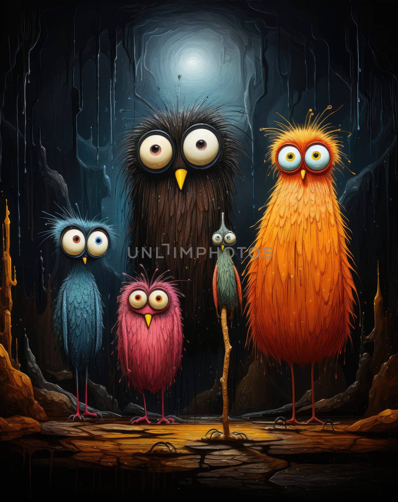 A group of whimsical, colorful creatures stands together in a dim cave, illuminated by a faint light. This scene captures their playful and curious expressions in a fantastical setting.