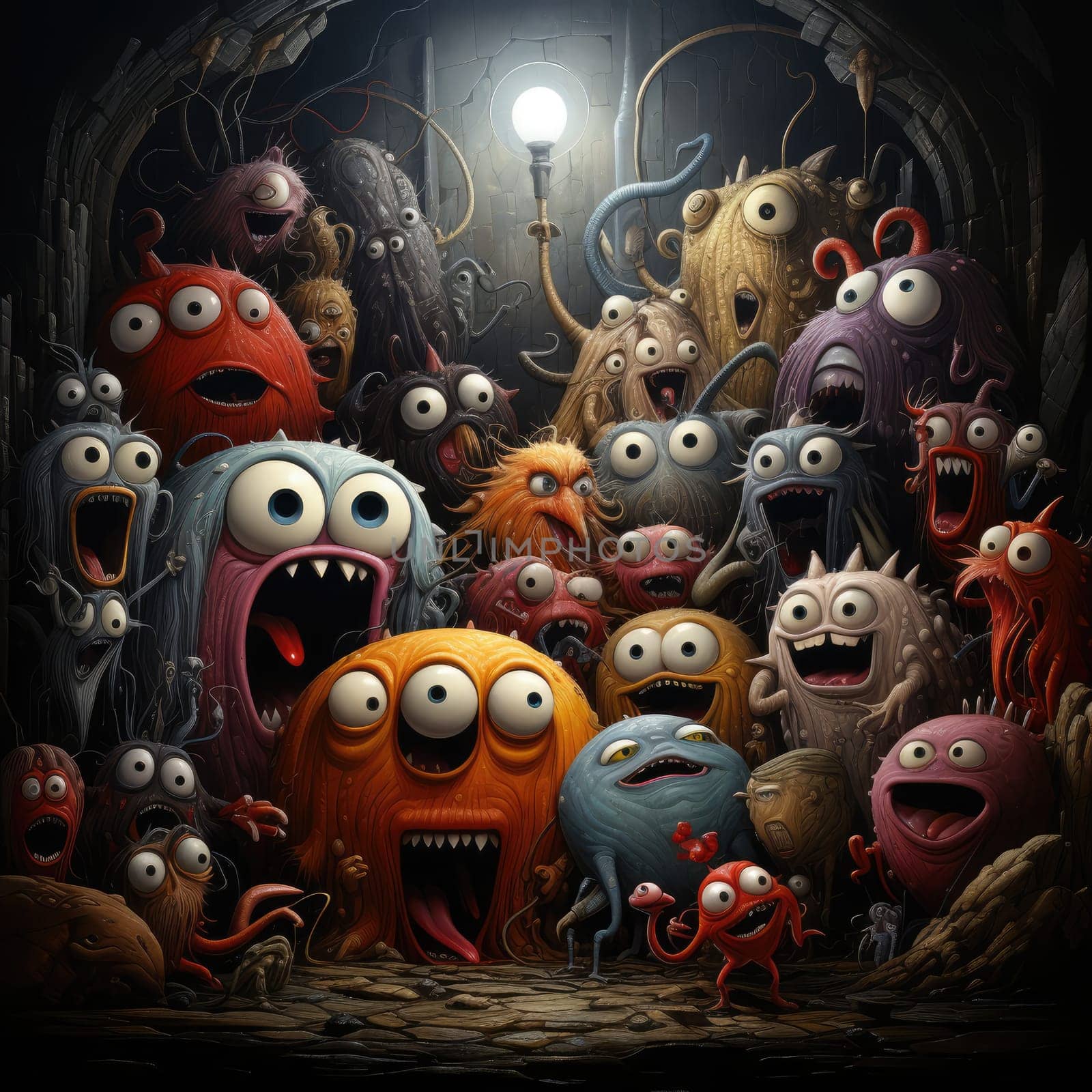 A group of assorted whimsical monsters with vibrant colors and exaggerated features expresses various emotions in a dimly lit underground setting. Their playful chaos creates an amusing atmosphere.