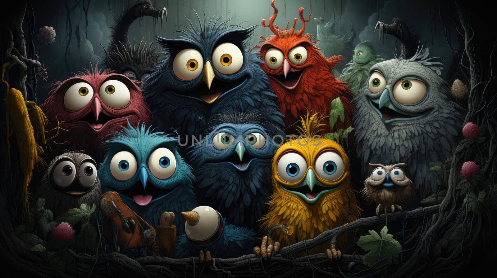 A group of ten vibrant cartoon birds with various colors and features stands together in a mystical forest. They appear happy and playful, surrounded by trees and whimsical elements.