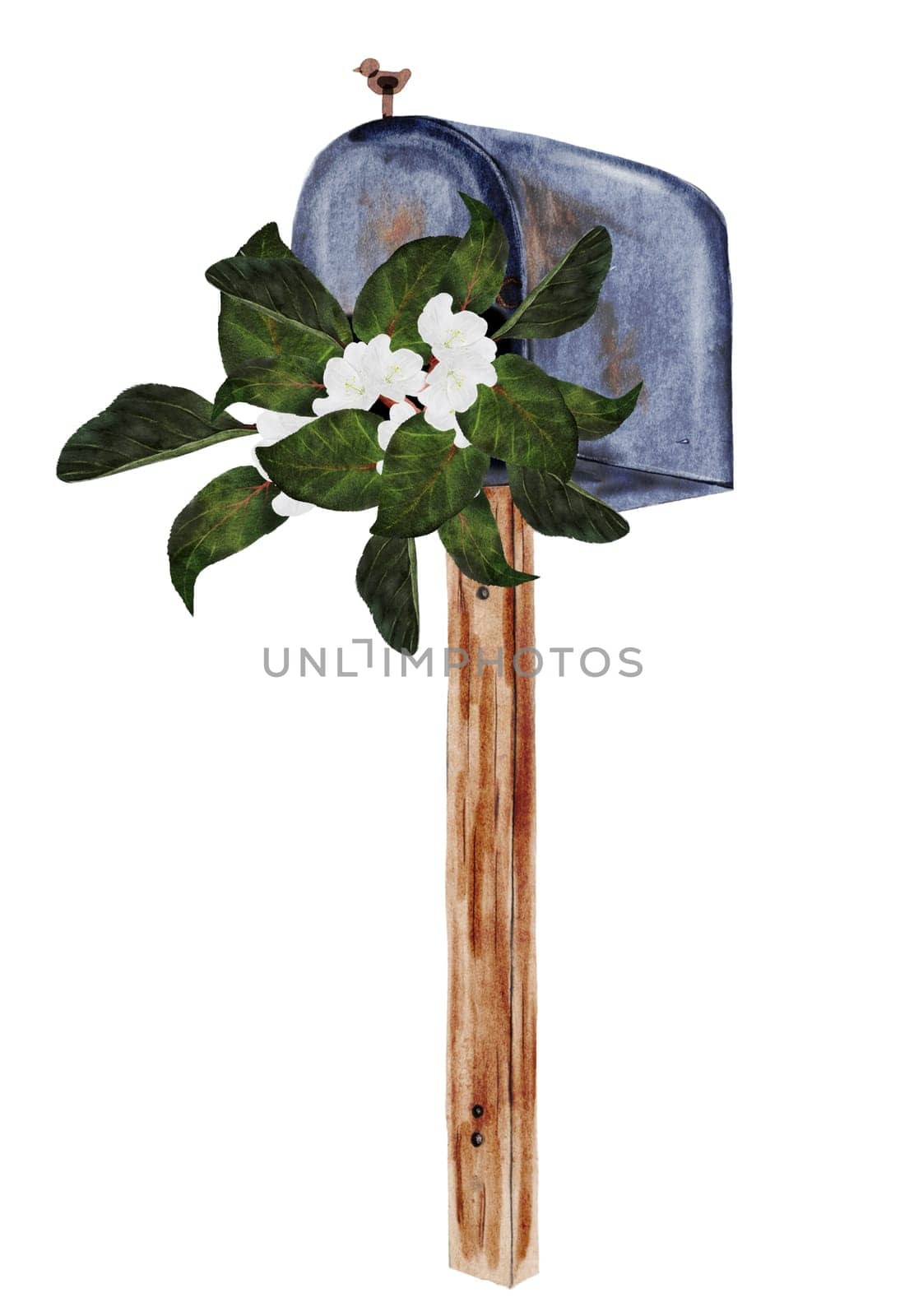 Mailbox watercolor. Vintage blue letter container on a wooden stand with flowers. Isolated clip art on white background. Ideal for postcards for Postal Day, Postal Worker. High quality illustration