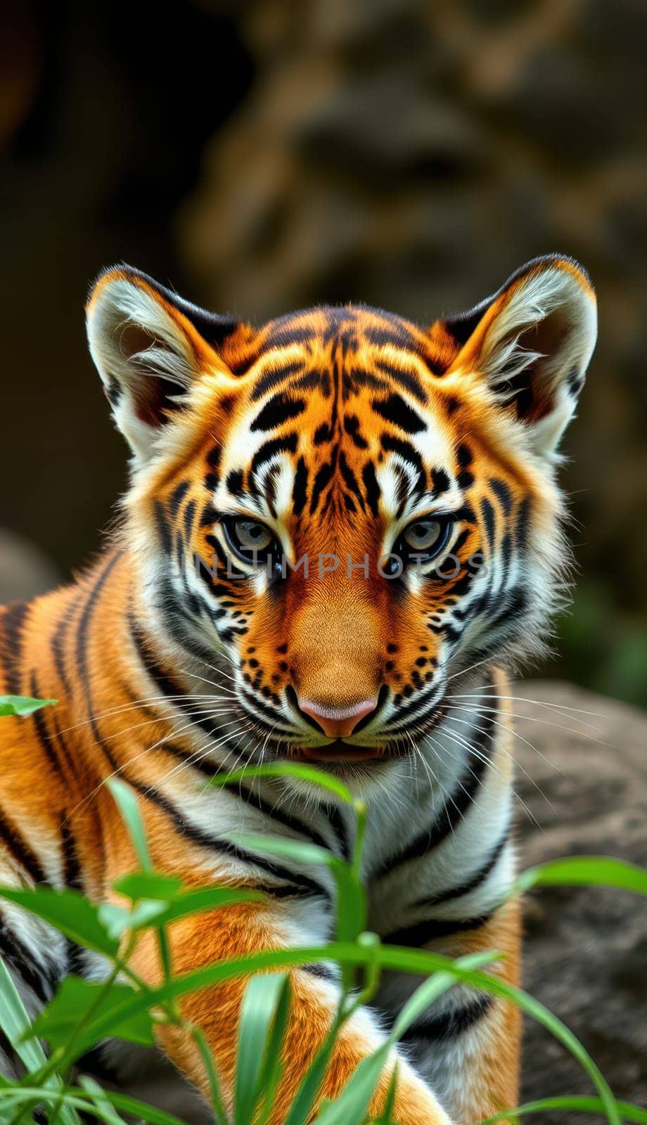 A young tiger gazes intently at the viewer amidst vibrant green plants. The majestic animal showcases its striking orange and black fur, highlighting its beauty in a natural setting.