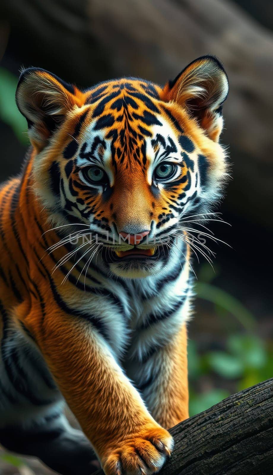 A young tiger with bright orange fur and distinctive black stripes is perched on a log in a verdant forest. The animal gazes intently, showcasing its captivating gaze and playful demeanor.
