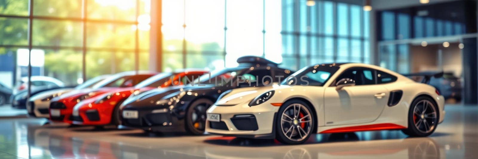 A collection of luxury sports cars showcased in a sleek showroom, featuring a white model prominently in front of vibrant red and dark vehicles under natural light.