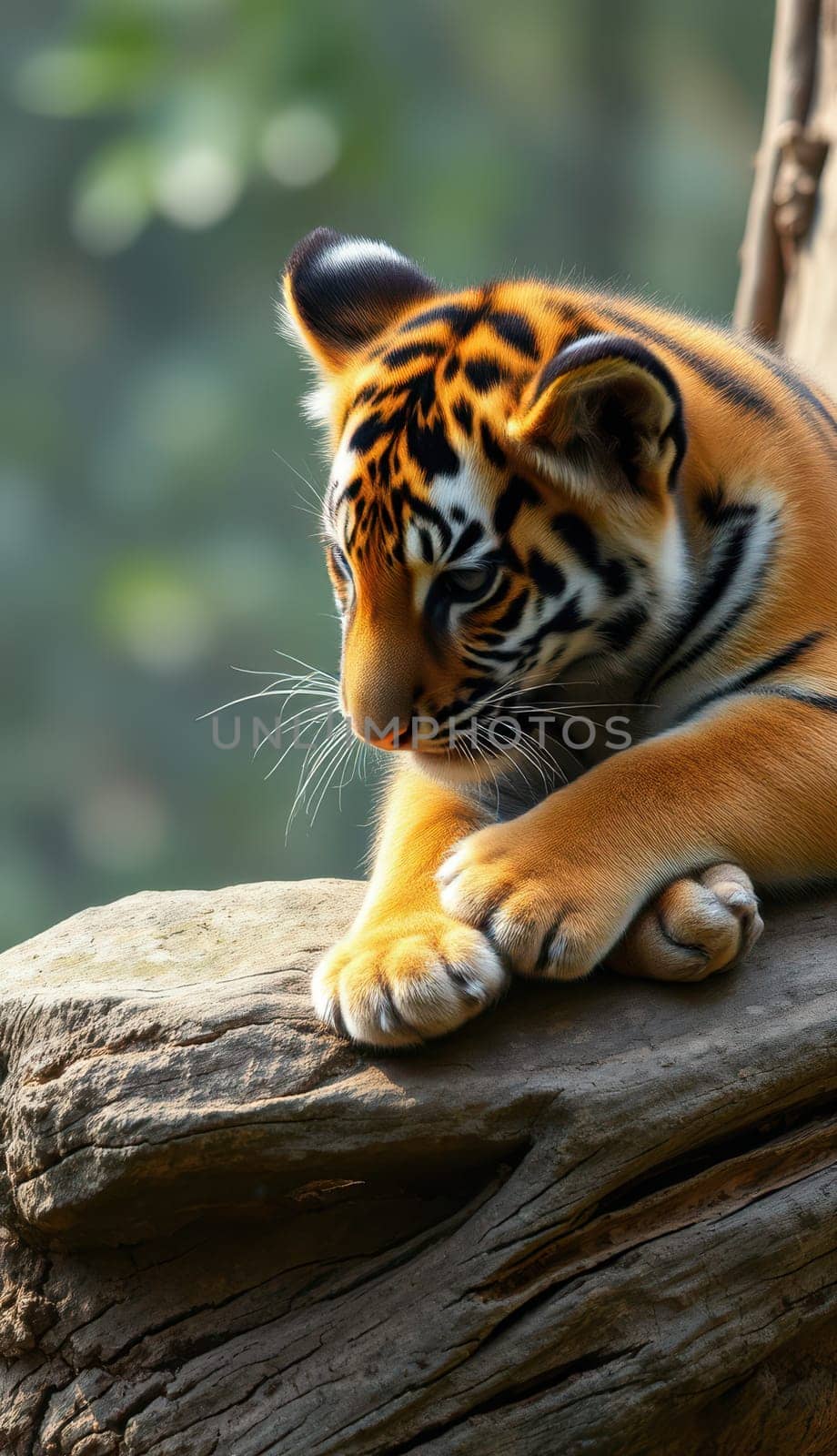 A young tiger with distinctive orange and black stripes is perched on a wooden log, looking serene in a vibrant forest setting filled with green foliage.