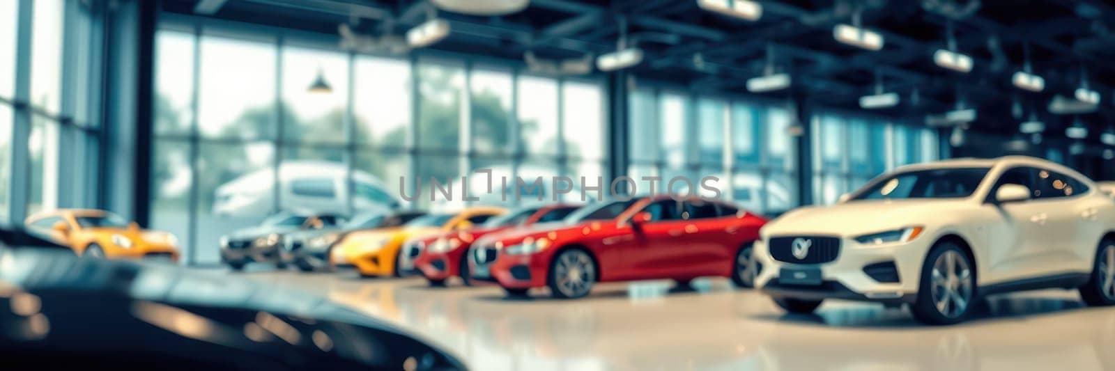 A large showroom showcases an impressive selection of vehicles, highlighting sleek designs and colorful options. Natural light illuminates the space, enhancing the cars' features.