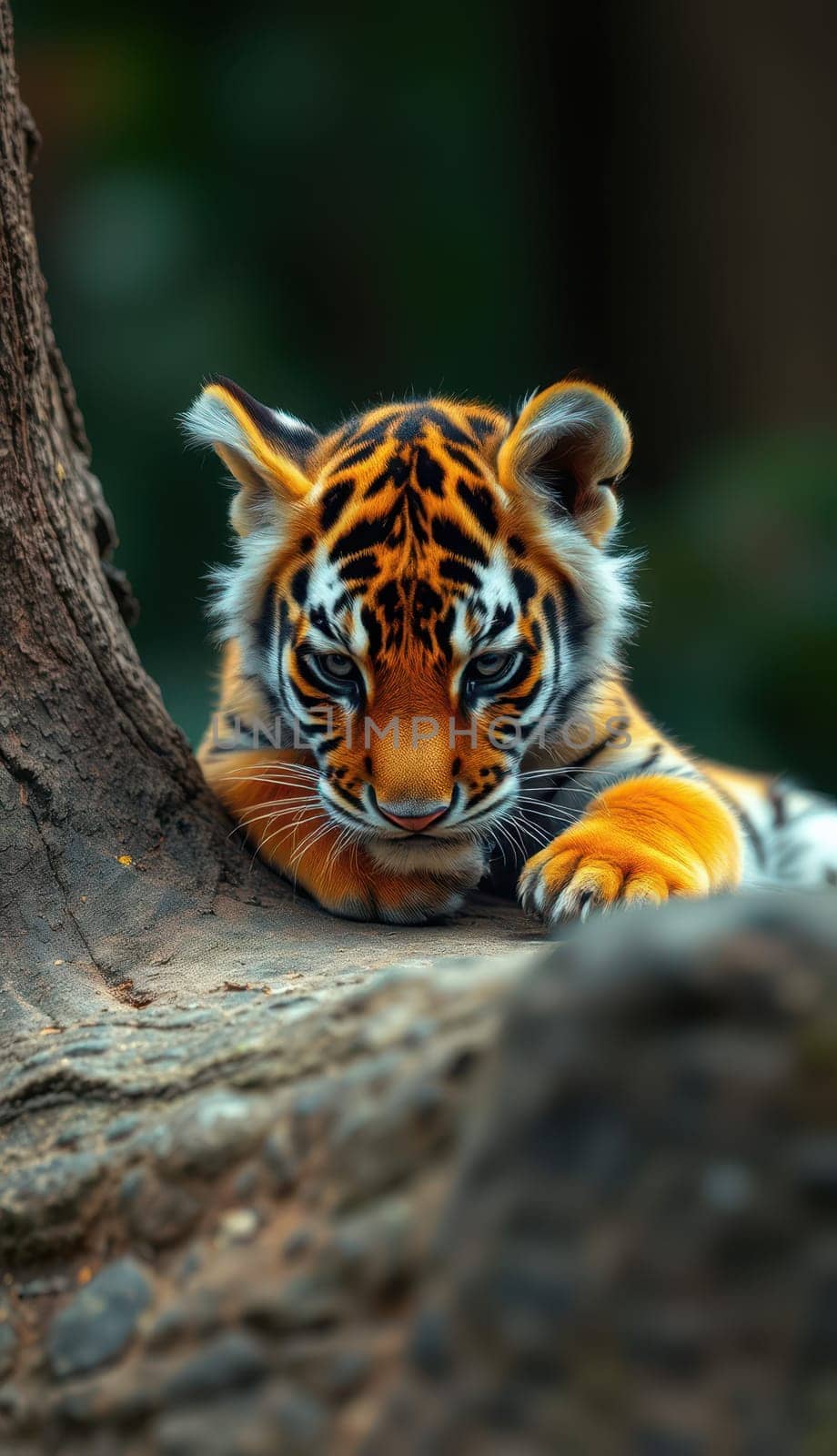 A young tiger lies calmly near a large tree trunk, its striking orange and black stripes blending with the forest setting, eyes focused on the environment around it.