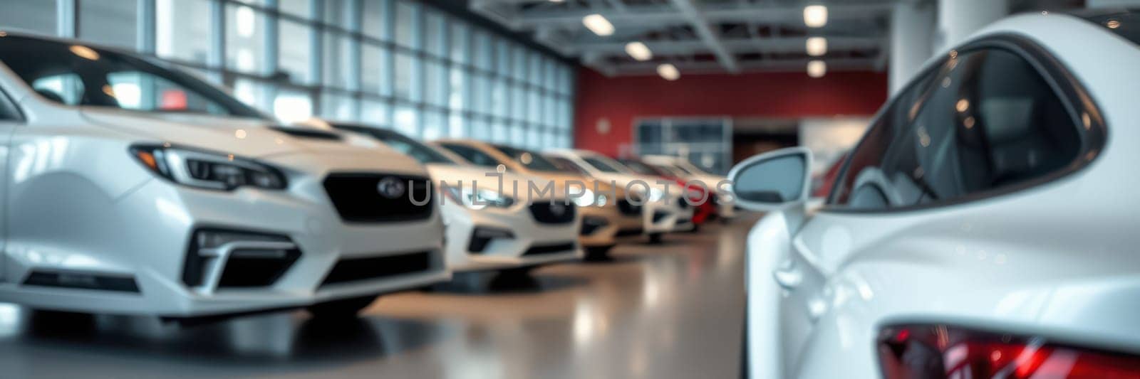 A showroom features a line of sleek, modern vehicles on display. Bright lighting highlights the design and details of each car, attracting potential buyers interested in new models.