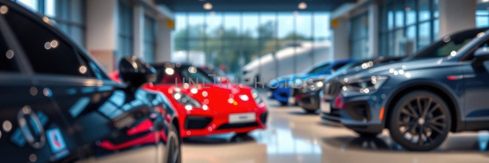 A sleek showroom showcases an array of luxury sports cars in vibrant colors. Sunlight pours through large windows, highlighting the elegant lines and designs of each vehicle.