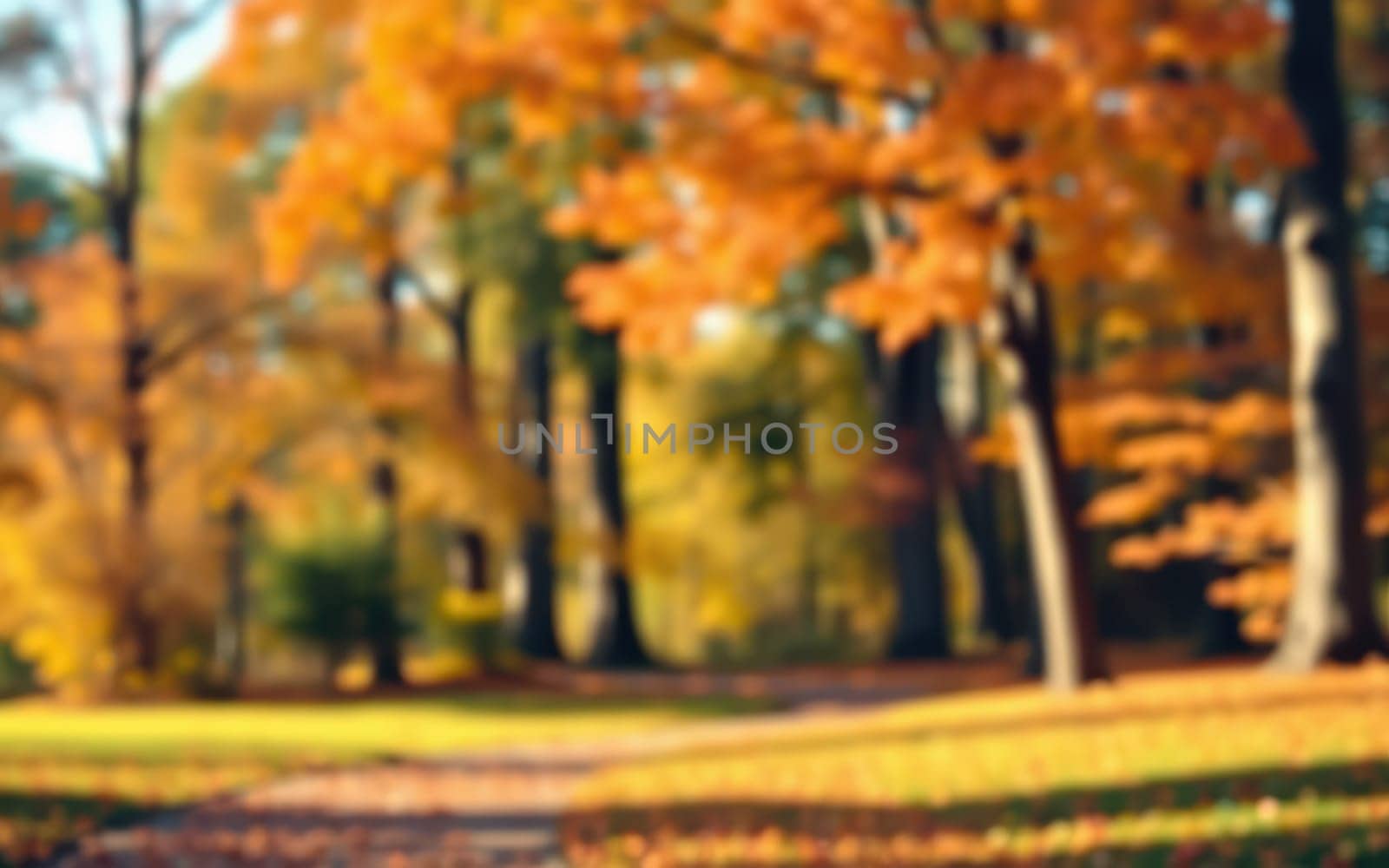 Autumn leaves create a vibrant tapestry of orange and yellow in a peaceful park. A winding path invites visitors to enjoy the tranquil scenery under clear skies.