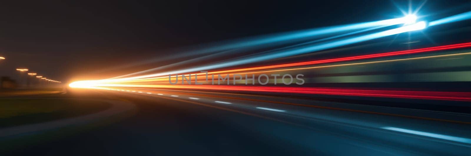 Bright light trails from moving vehicles streak across a dark urban road at night, showcasing the energy and motion of city life in an exhilarating display.