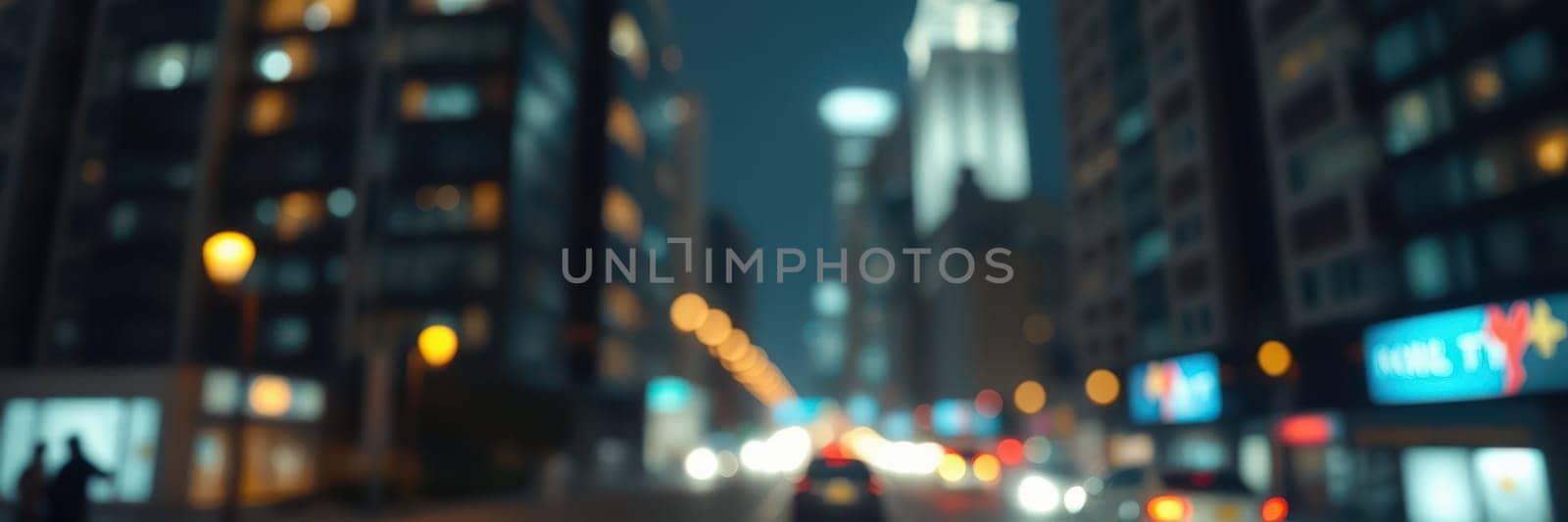 Bright city lights shine on a busy street at night, showcasing blurred cars and people in motion against a backdrop of skyscrapers and neon signs.