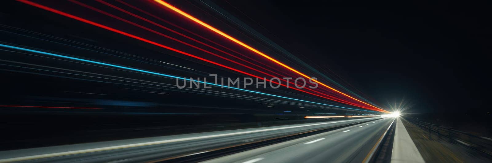 Bright streaks of red and blue lights travel along a dark highway at night. The long exposure technique captures the speed of vehicles making their way on the road.