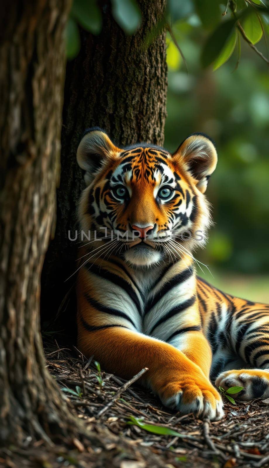 A striking tiger relaxes by the base of a tall tree, gazing intently with piercing blue eyes. The lush forest around enhances the tiger's vivid orange and black stripes.