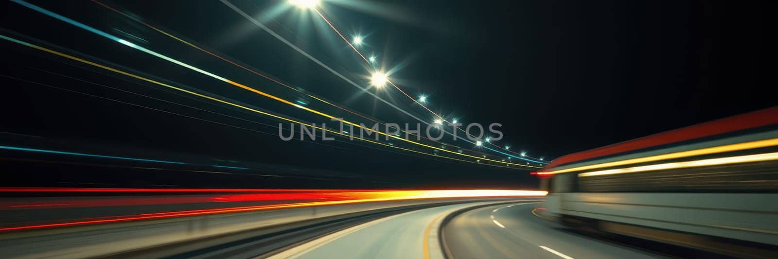 Bright light trails streak across a curved road illuminated by street lamps during nighttime, capturing the sense of speed and movement from passing vehicles.