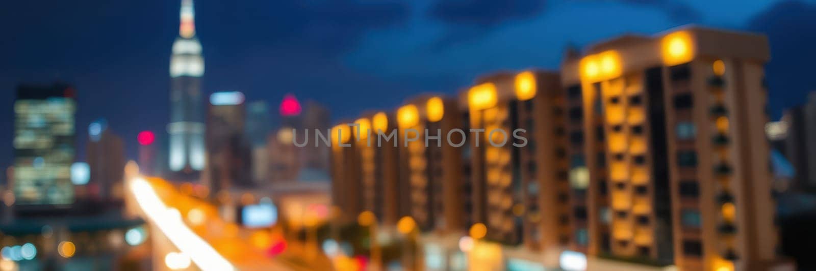 Bright lights of city buildings shine against a dark sky during nighttime. The Empire State Building stands as a prominent feature in the blurred skyline.